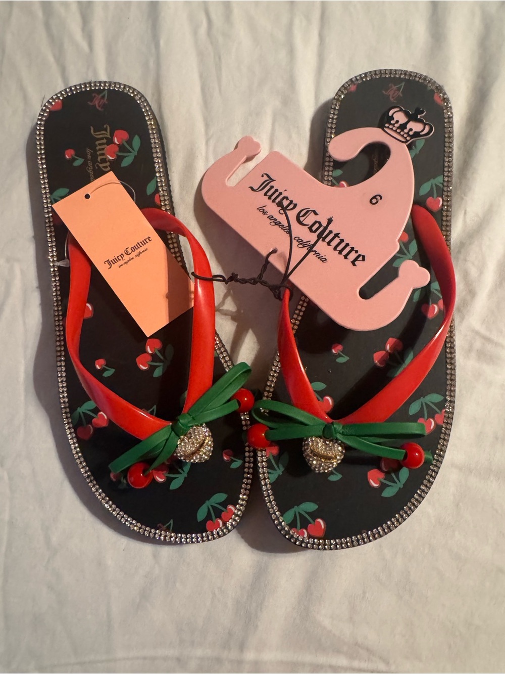 Juicy Couture Black Red Cherry Embellished Flip Flop Sandals